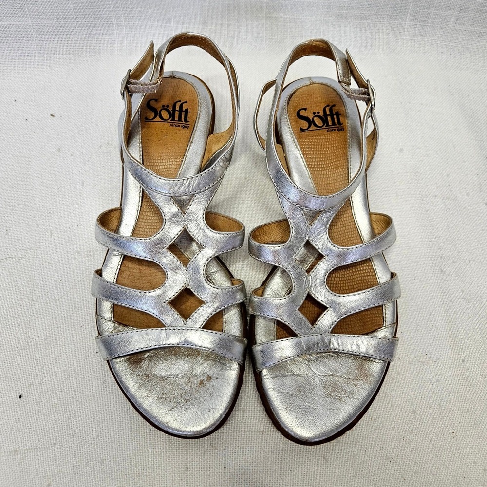 Sofft Sandals Womans 5.5 Silver Leather Strappy Metallic Low Wedge Comfort Shoes